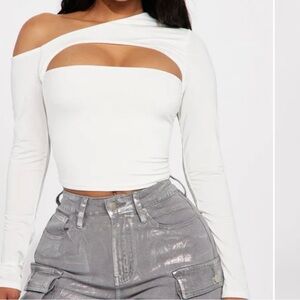 Fashion Nova White One-Shoulder Long Sleeve Cutout Top